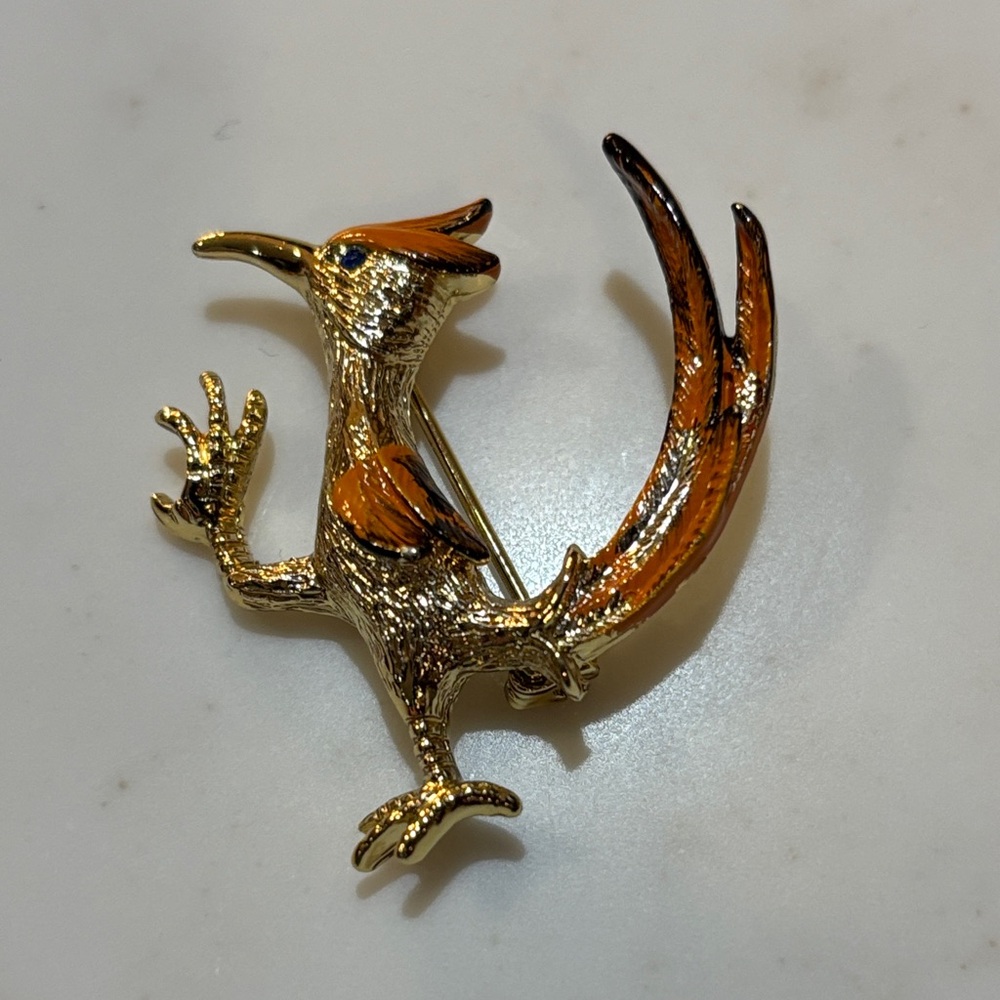 Vintage Gold and Orange Roadrunner Bird Brooch